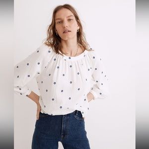 Madewell Embroidered Lightspun Wide-Neck Cuffed-Sleeve Top